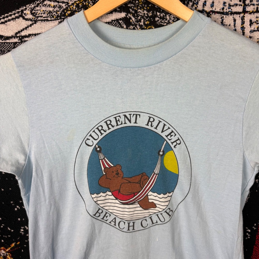 Vintage 80s Current River Beach Club Bear T-Shirt Blue Large Single Stitch